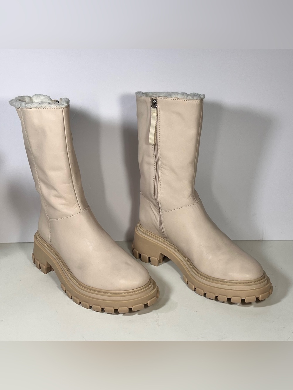 SCHUTZ Juany Winter Eggshell
 Chunky Lug Sole Mid-Calf Boots